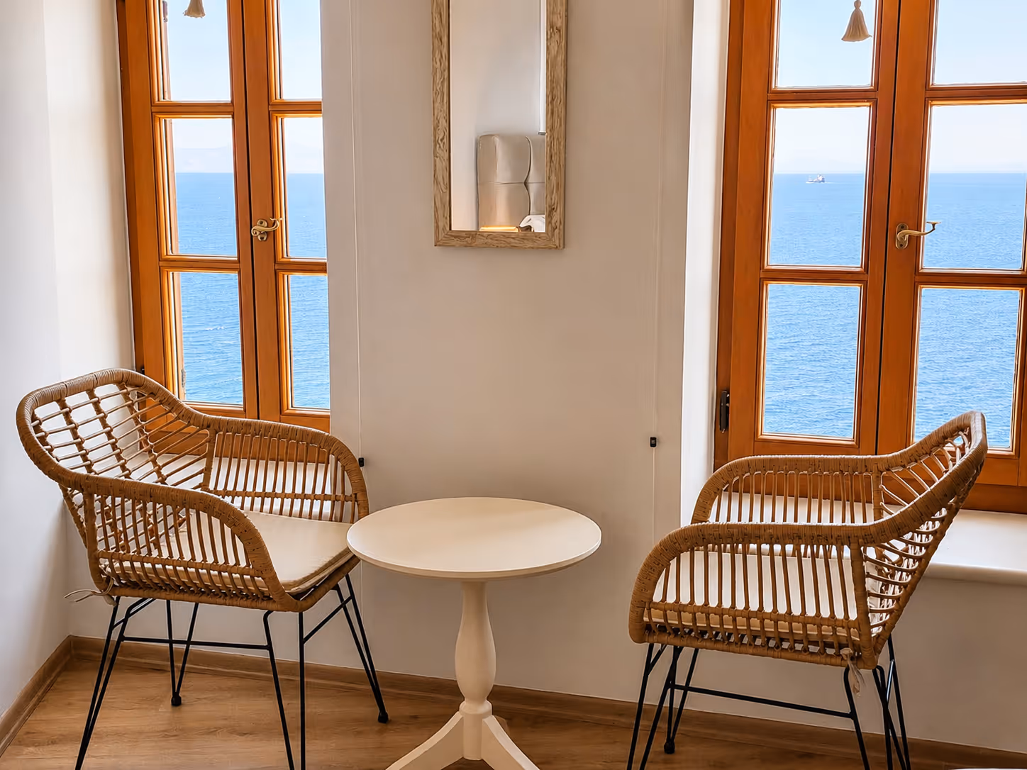 Two wicker chairs around a small round table by windows showing a view of the ocean.