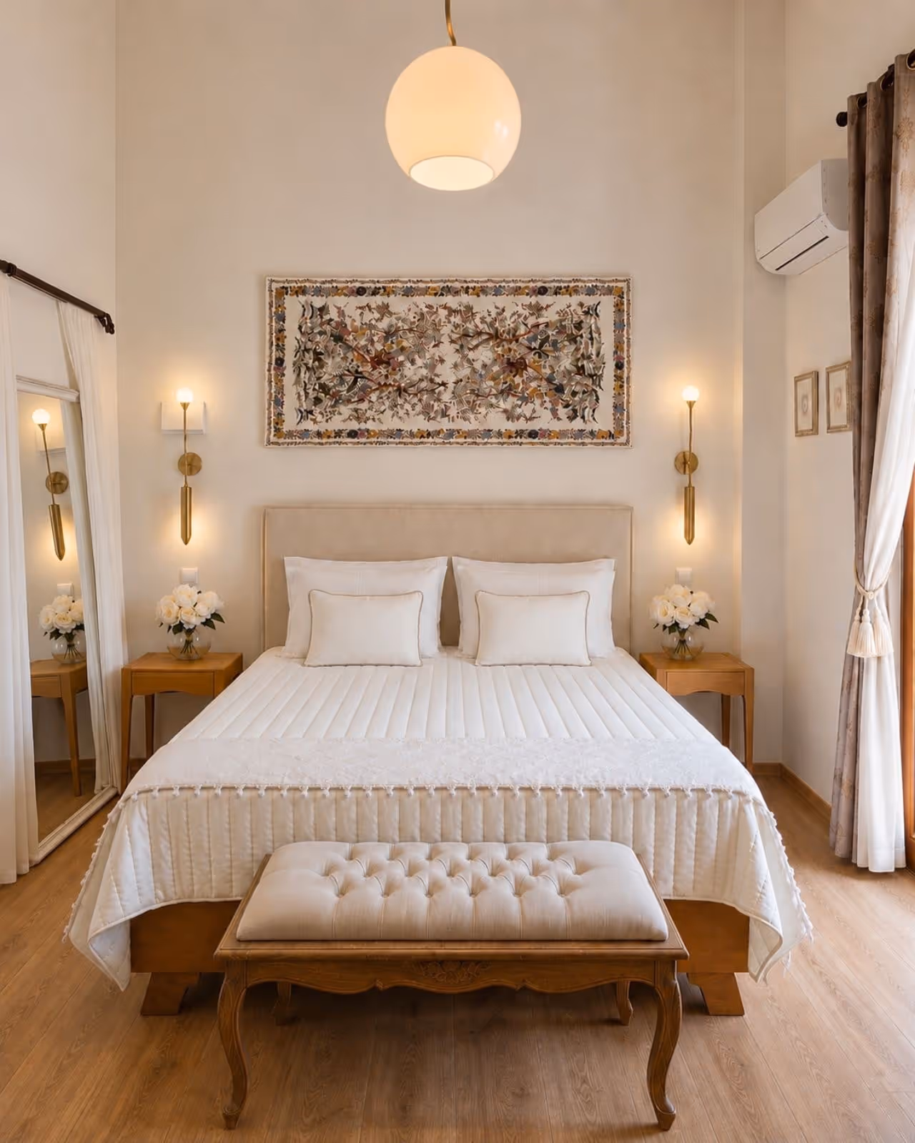 Neutral-toned bedroom with large bed, tufted bench, floral wall art, wooden floor, and bedside tables with white flowers.